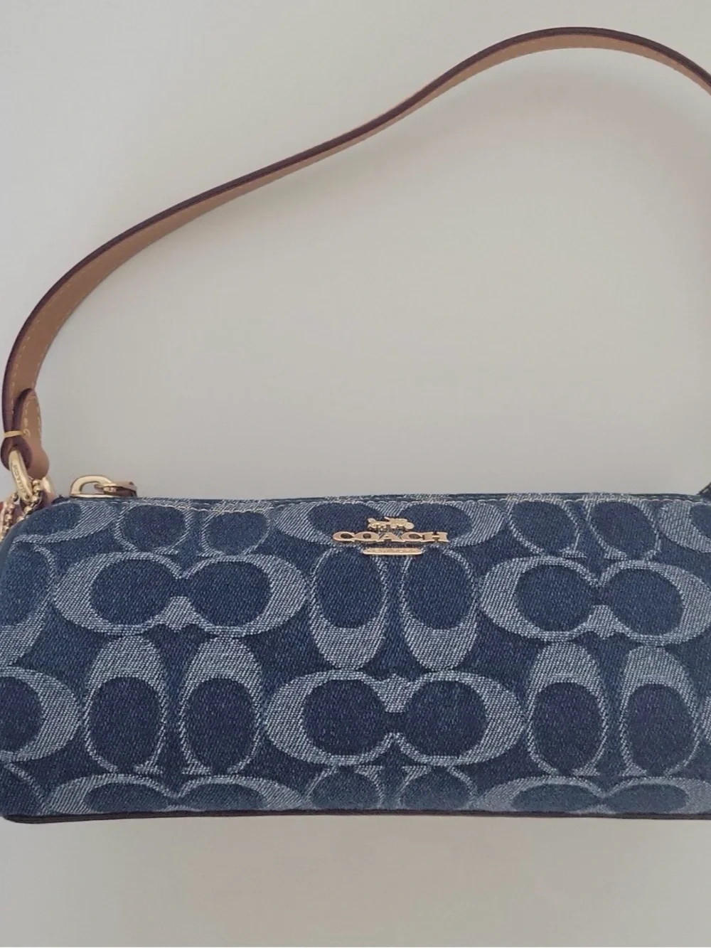 Coach Denim Signature Shoulder Bag with Tan Strap